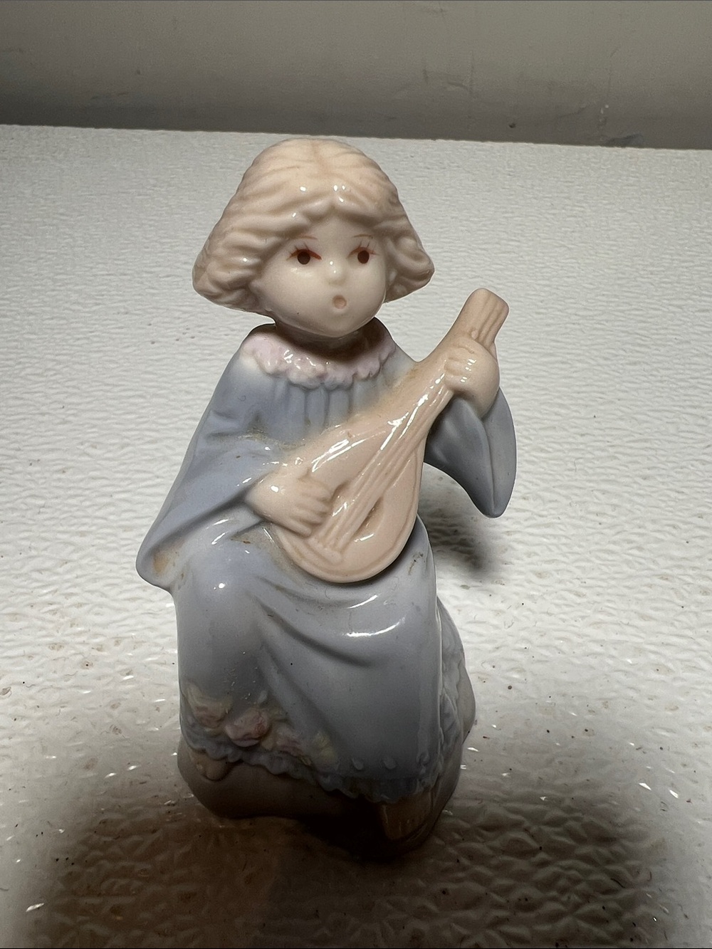 Vintage Russ Porcelain Figurine Girl with Mandolin in Light Blue and Cream